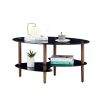 Black Oval glass coffee table; modern table in living room Oak wood leg tea table 3-layer glass table