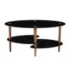 Black Oval glass coffee table; modern table in living room Oak wood leg tea table 3-layer glass table