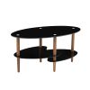 Black Oval glass coffee table; modern table in living room Oak wood leg tea table 3-layer glass table